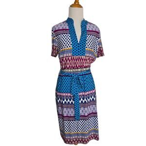 Trina Turk Eclectic Multi Print Dress Summer Office Geometric Blue Women Medium